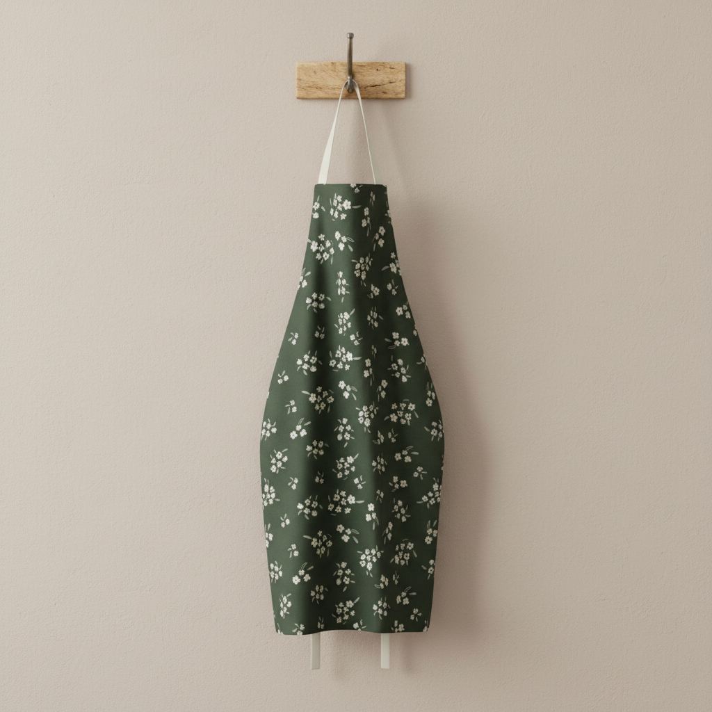 The Lil & Dot hand painted Wild Petal Apron in Moss Green hund on the wall.