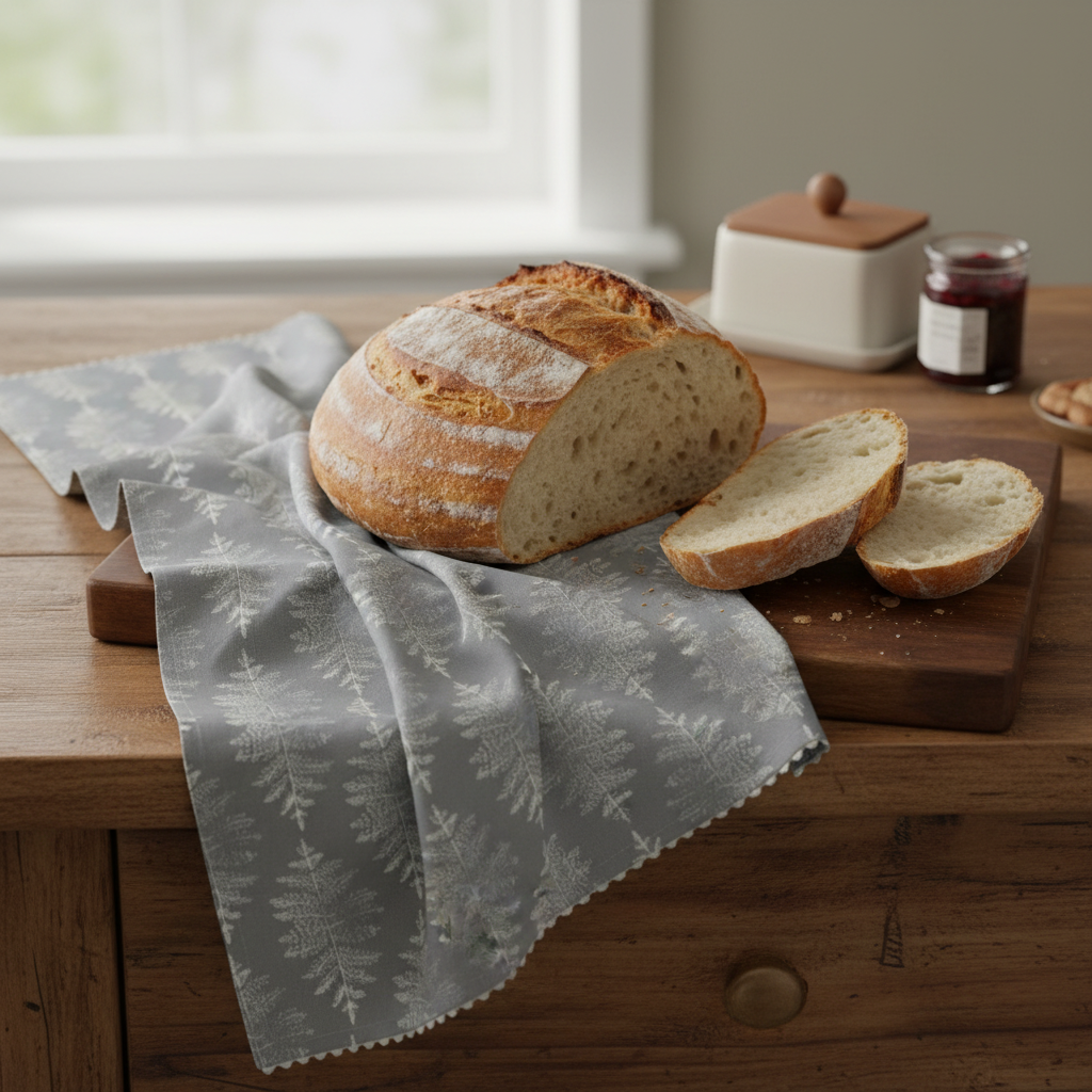 The hand illustrated Fern Tea Towel by Lil & Dot draped across a wooden kitchen table and chopping board with a freshly baked loaf of bread and pots of jam and butter.