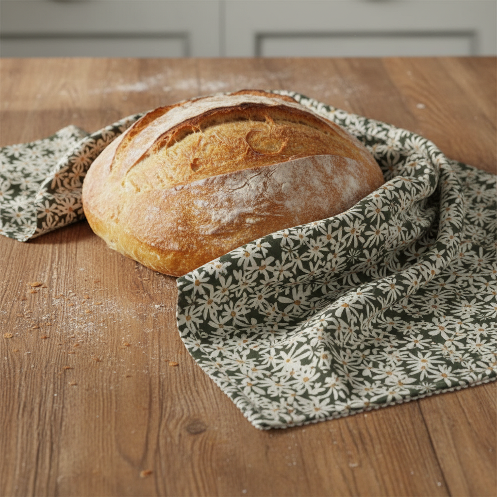 The hand illustrated Daisy Tea Towel by Lil & Dot wrapped around a freshly baked loaf of bread on a wooden kitchen table dusted with flour and crumbs.