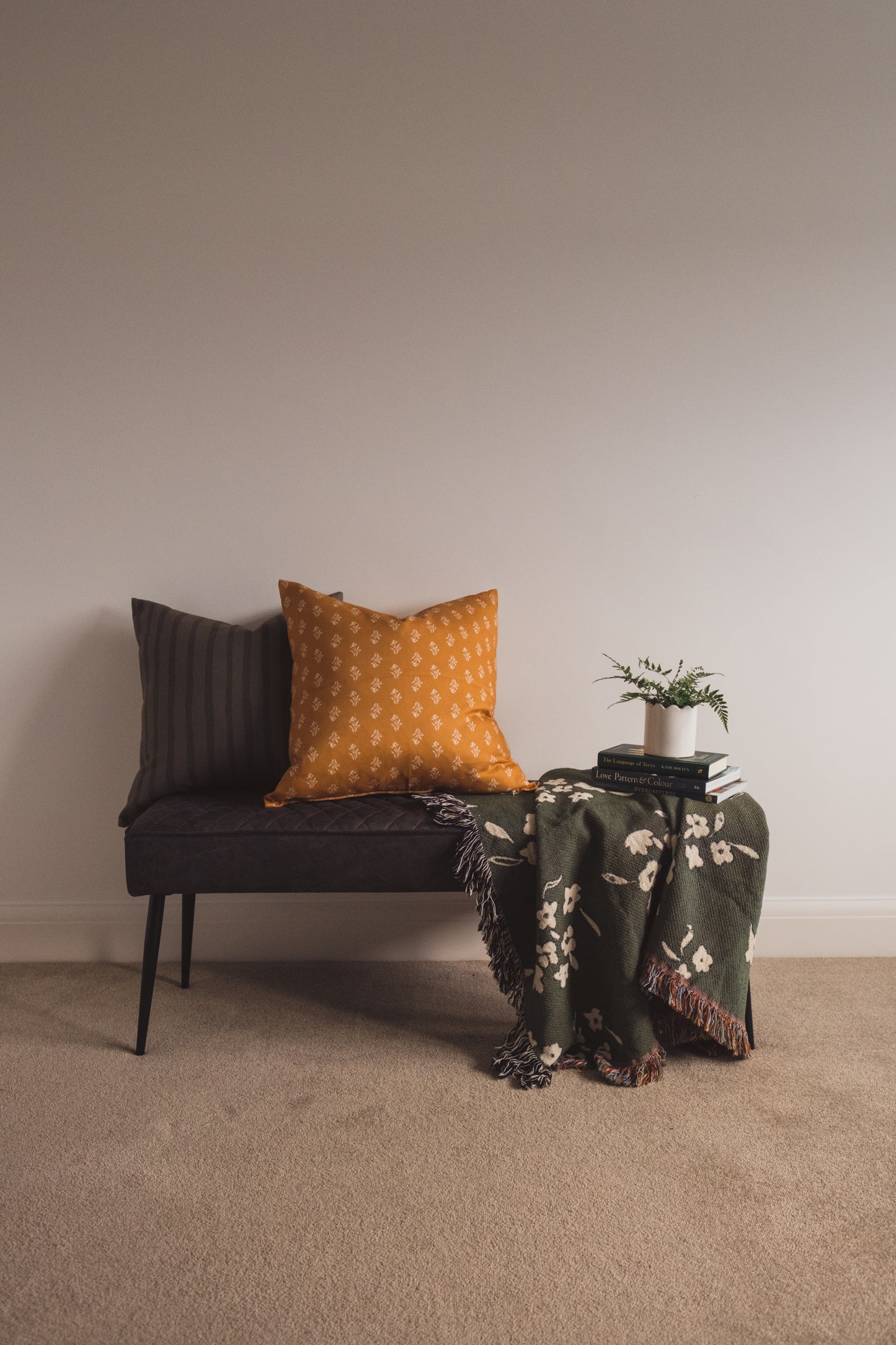 A black bench with the Lil & Dot Pinterly Stripe Cushion and the Soft Bloom Cushion with books and a fern plant.