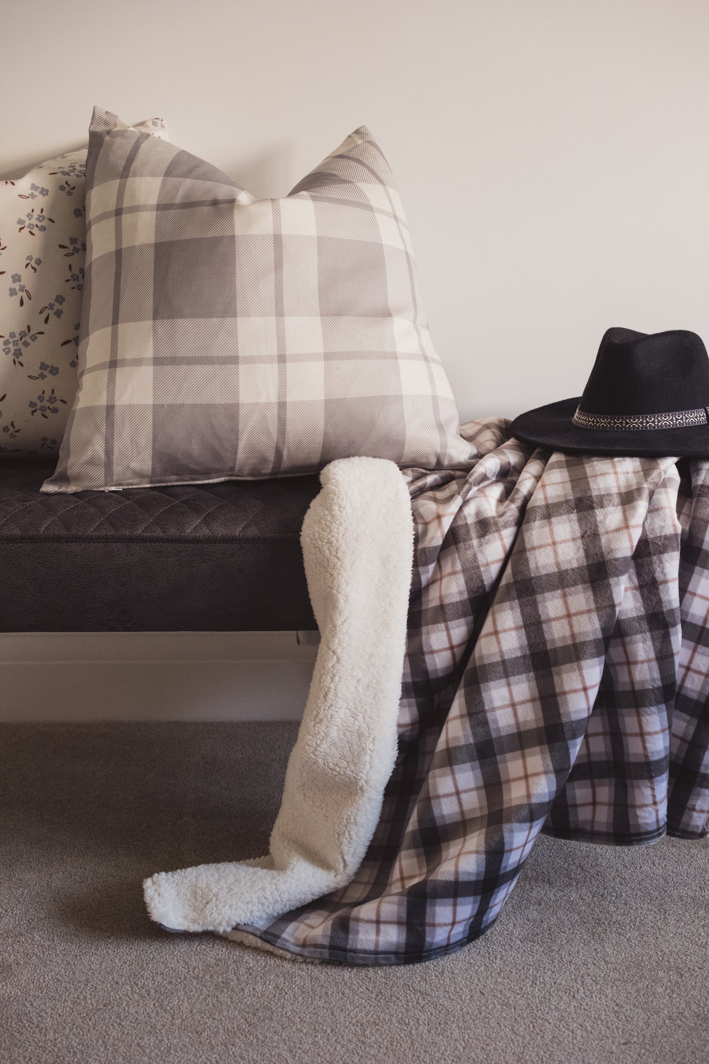 Cozy Plaid Feather Cushion | Dusky Blue