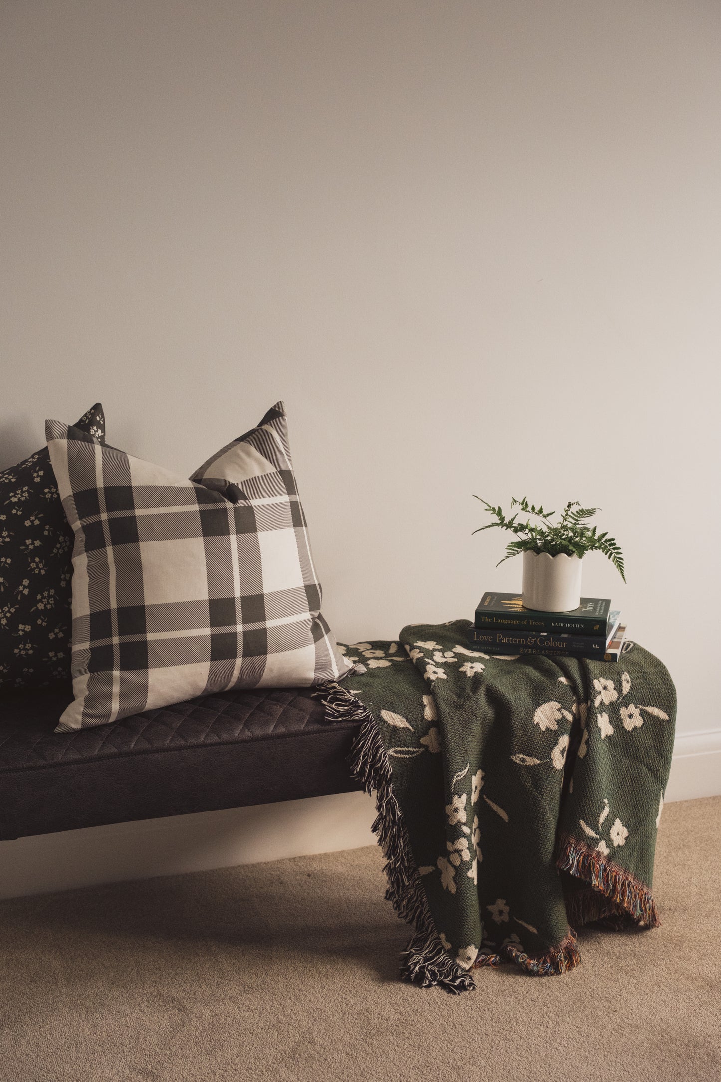 Cozy Plaid Feather Cushion | Moss Green