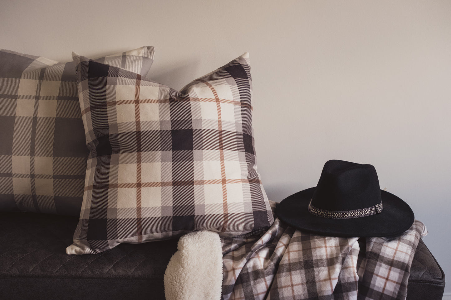 Mocha Plaid Cushion | Dusky Blue & Mocha