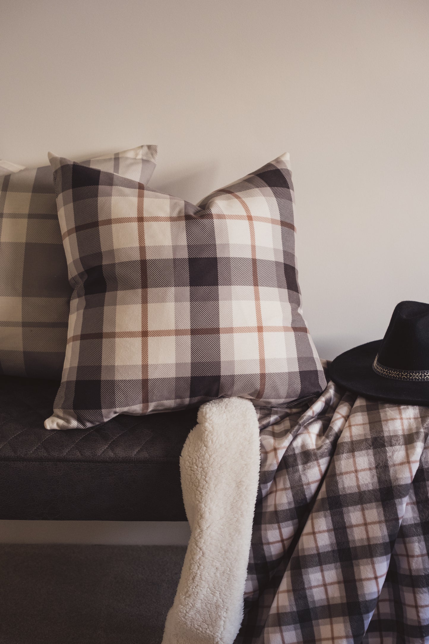 Mocha Plaid Cushion | Dusky Blue & Mocha